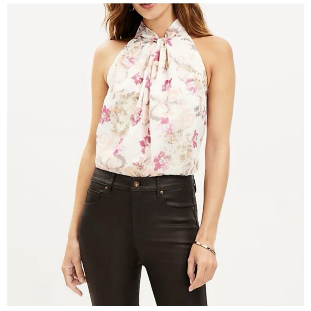 LOFT Pink Cream Gold Sleeveless Floral Halter Top Blouse XL NWT